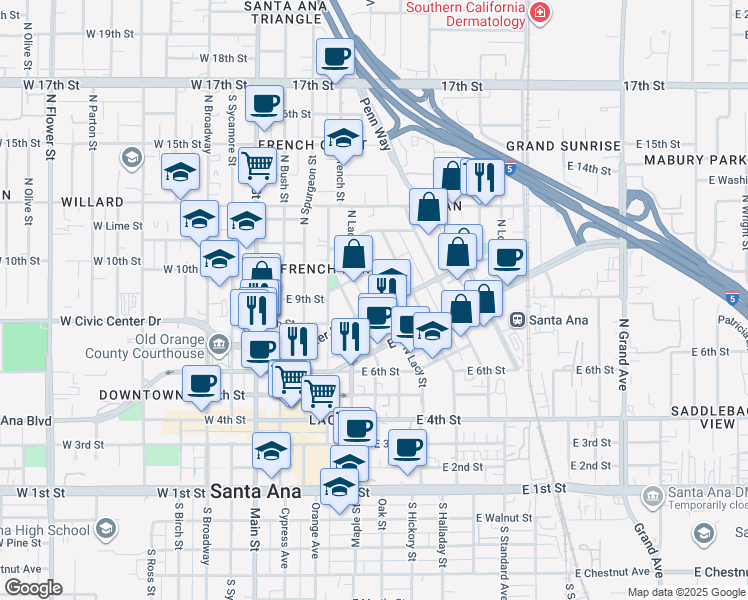 map of restaurants, bars, coffee shops, grocery stores, and more near 806 North Lacy Street in Santa Ana