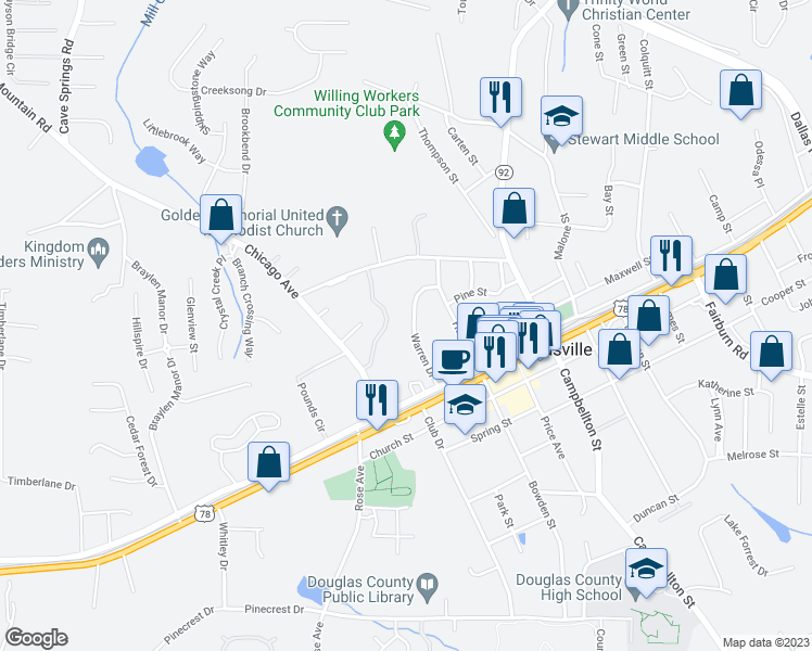 map of restaurants, bars, coffee shops, grocery stores, and more near 8373 Warren Drive in Douglasville