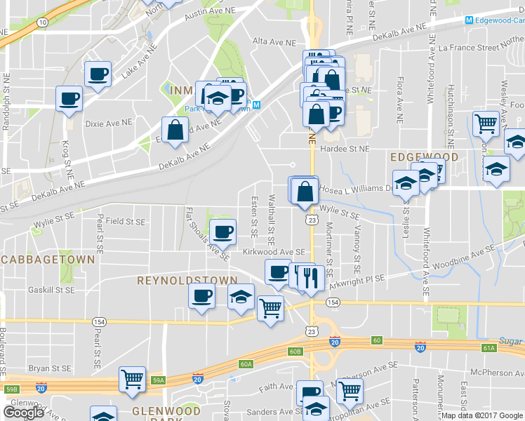 map of restaurants, bars, coffee shops, grocery stores, and more near 1065 Wylie Street Southeast in Atlanta