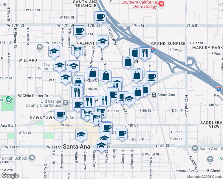 map of restaurants, bars, coffee shops, grocery stores, and more near 806 North Lacy Street in Santa Ana