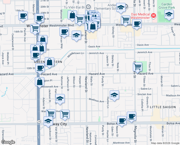 map of restaurants, bars, coffee shops, grocery stores, and more near 14411 Riata Street in Westminster