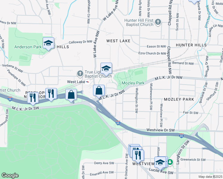 map of restaurants, bars, coffee shops, grocery stores, and more near 1690 Browning Street Southwest in Atlanta