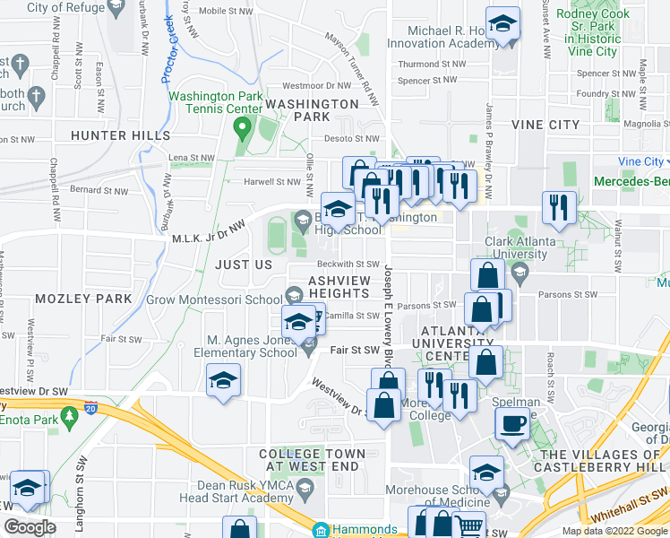 map of restaurants, bars, coffee shops, grocery stores, and more near 66 Whitehouse Drive Southwest in Atlanta