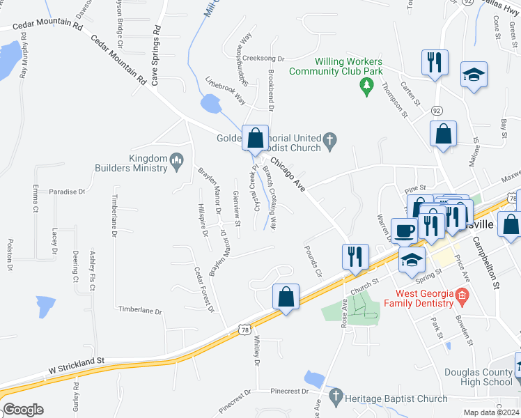 map of restaurants, bars, coffee shops, grocery stores, and more near 7142 Crystal Creek Place in Douglasville