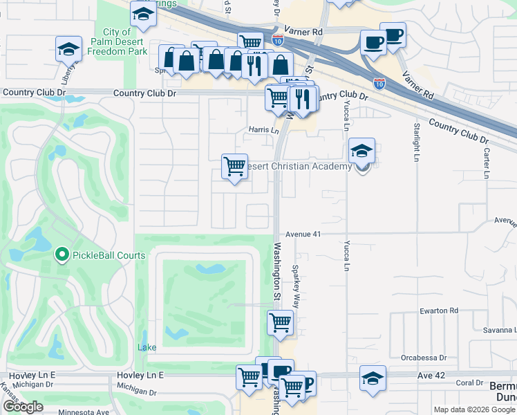 map of restaurants, bars, coffee shops, grocery stores, and more near 77917 Calypso Road in Palm Desert
