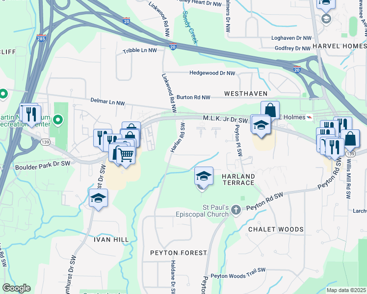 map of restaurants, bars, coffee shops, grocery stores, and more near 65 Harlan Road Southwest in Atlanta