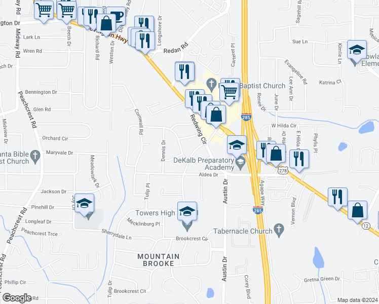 map of restaurants, bars, coffee shops, grocery stores, and more near 1395 West Austin Road in Decatur
