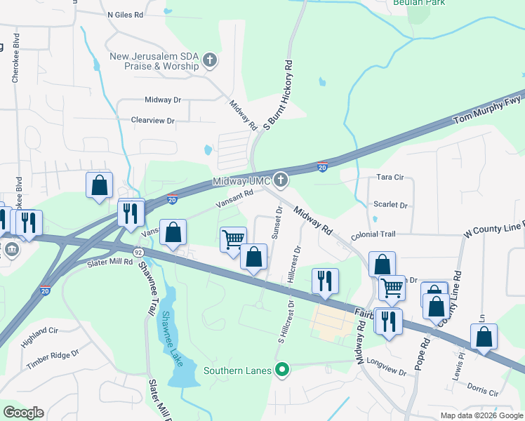 map of restaurants, bars, coffee shops, grocery stores, and more near 1965 Skyview Circle in Douglasville