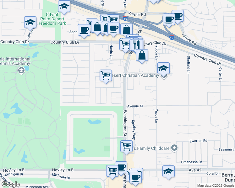 map of restaurants, bars, coffee shops, grocery stores, and more near 77917 Calypso Road in Palm Desert