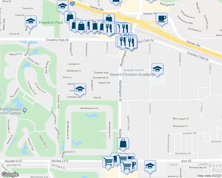 map of restaurants, bars, coffee shops, grocery stores, and more near 77917 Calypso Road in Palm Desert