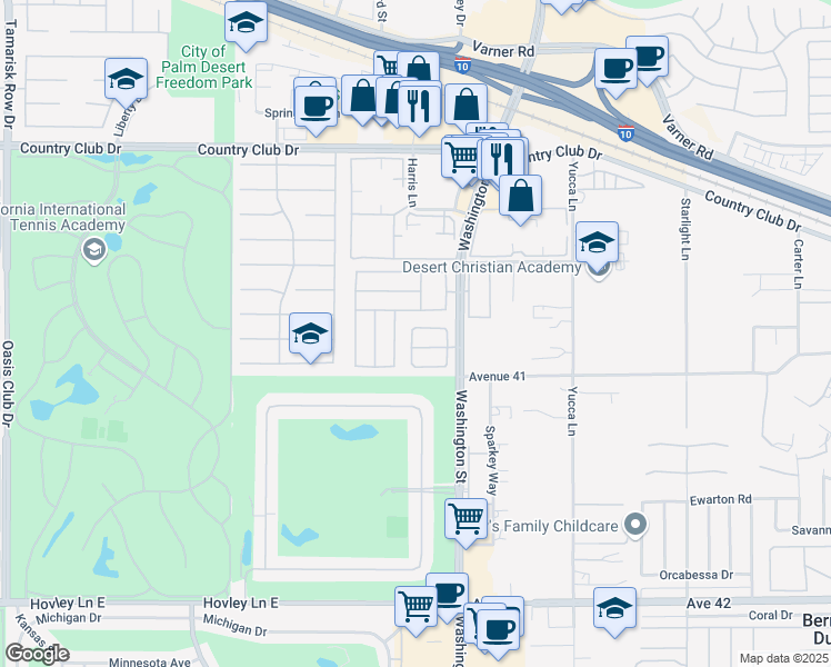 map of restaurants, bars, coffee shops, grocery stores, and more near 77917 Calypso Road in Palm Desert