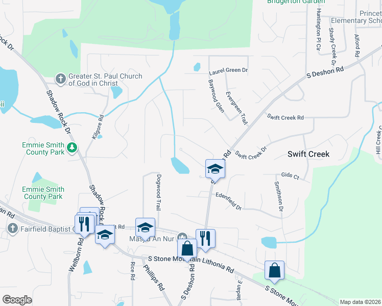 map of restaurants, bars, coffee shops, grocery stores, and more near 6170 Windy Ridge Trail in Lithonia