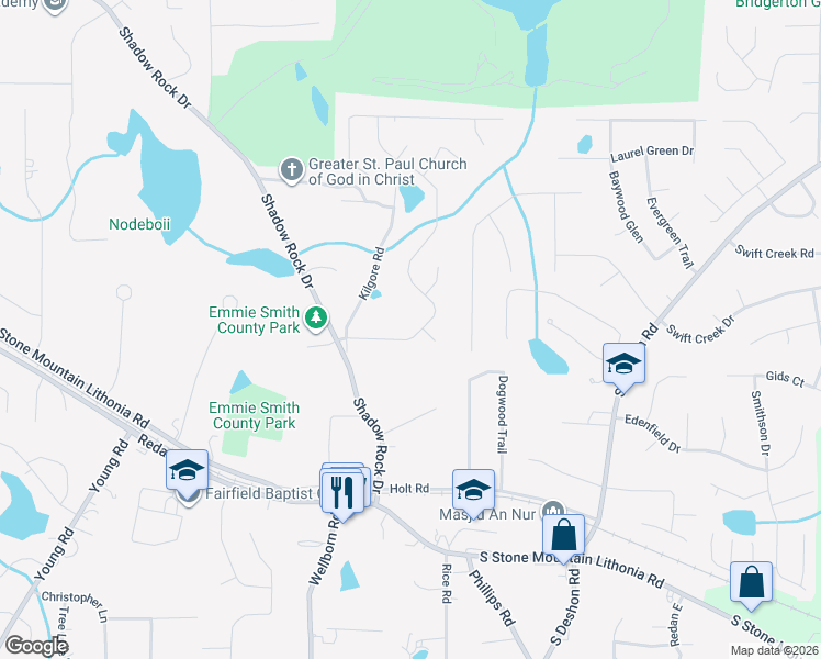 map of restaurants, bars, coffee shops, grocery stores, and more near 5990 Valley Green Road in Lithonia