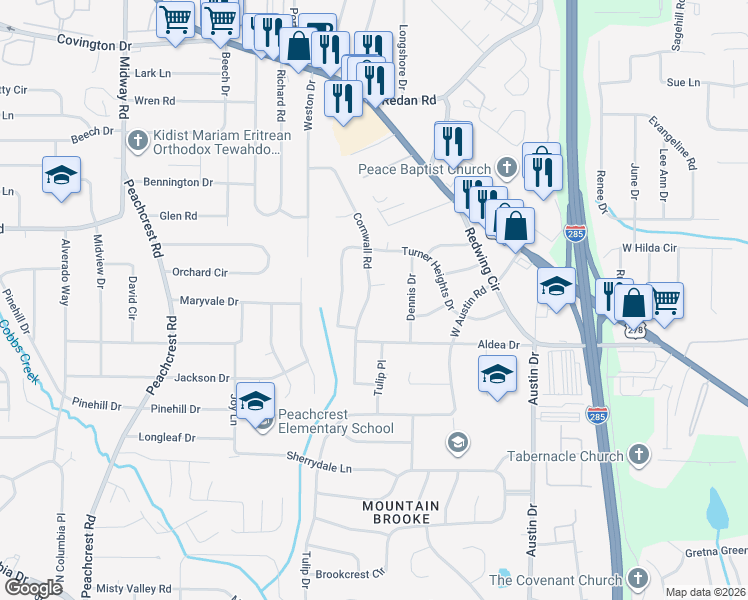 map of restaurants, bars, coffee shops, grocery stores, and more near 1385 Cornwall Road in Decatur
