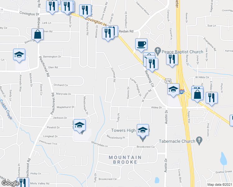 map of restaurants, bars, coffee shops, grocery stores, and more near 1385 Cornwall Road in Decatur