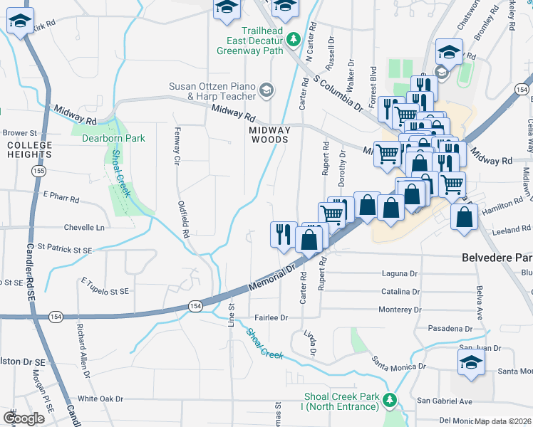 map of restaurants, bars, coffee shops, grocery stores, and more near 1398 Thomas Road in Decatur