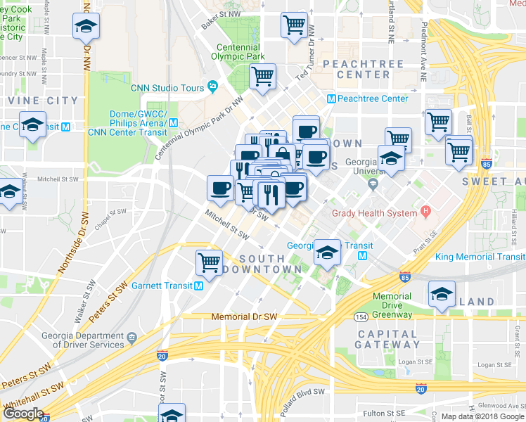 map of restaurants, bars, coffee shops, grocery stores, and more near 63 Peachtree Street Southwest in Atlanta