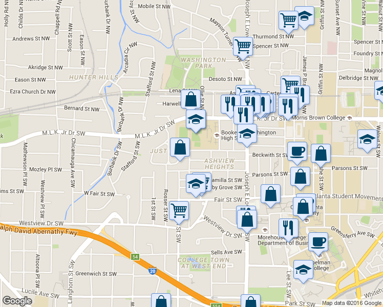 map of restaurants, bars, coffee shops, grocery stores, and more near 1026 Beckwith Street Southwest in Atlanta