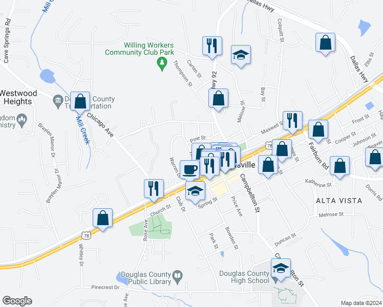 map of restaurants, bars, coffee shops, grocery stores, and more near 8334 Hollis Street in Douglasville