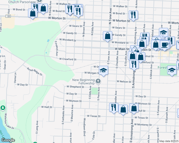 map of restaurants, bars, coffee shops, grocery stores, and more near 1327 West Morgan Street in Denison