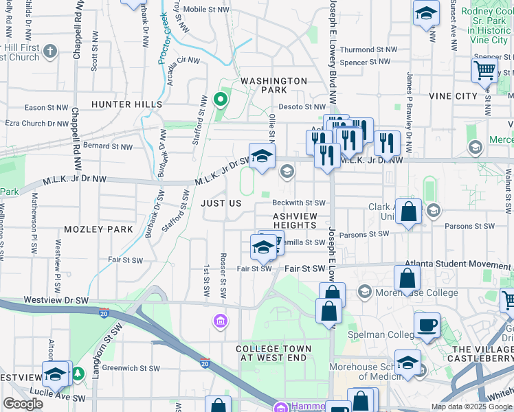 map of restaurants, bars, coffee shops, grocery stores, and more near 1026 Beckwith Street Southwest in Atlanta