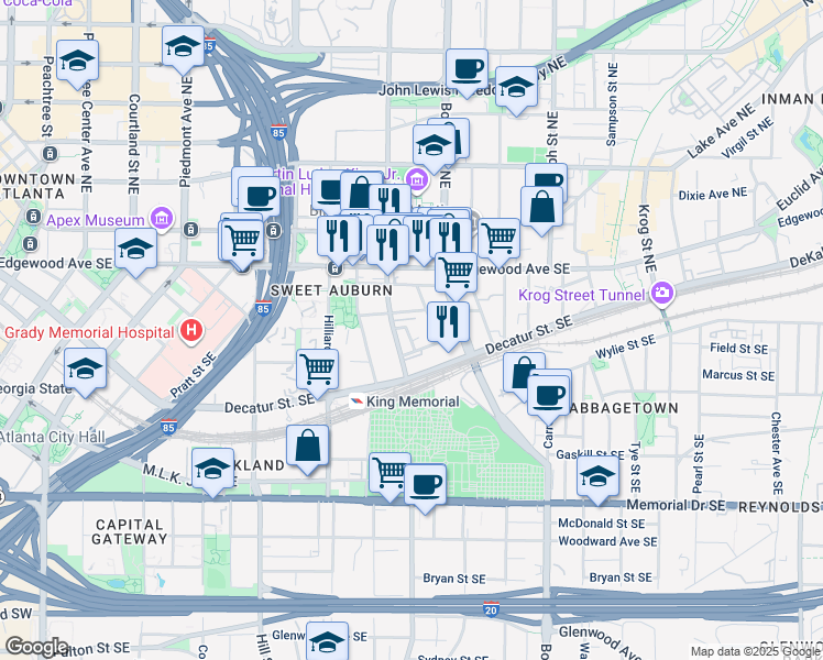 map of restaurants, bars, coffee shops, grocery stores, and more near 74 Lucy Street Southeast in Atlanta