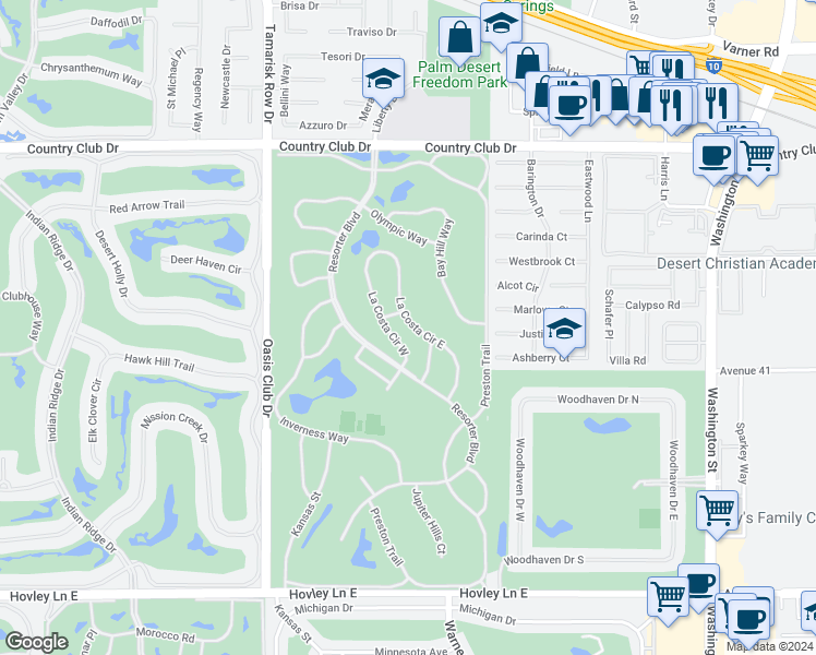 map of restaurants, bars, coffee shops, grocery stores, and more near 40733 La Costa Circle East in Palm Desert