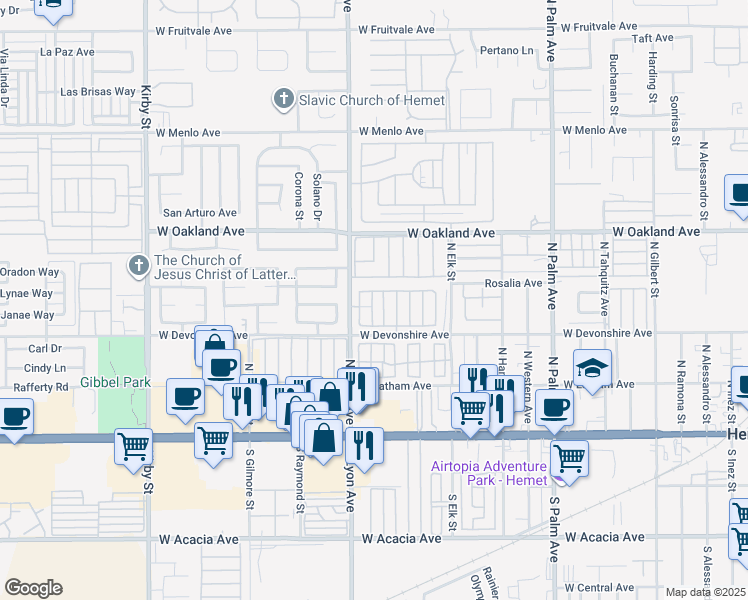 map of restaurants, bars, coffee shops, grocery stores, and more near 332 North Lyon Avenue in Hemet