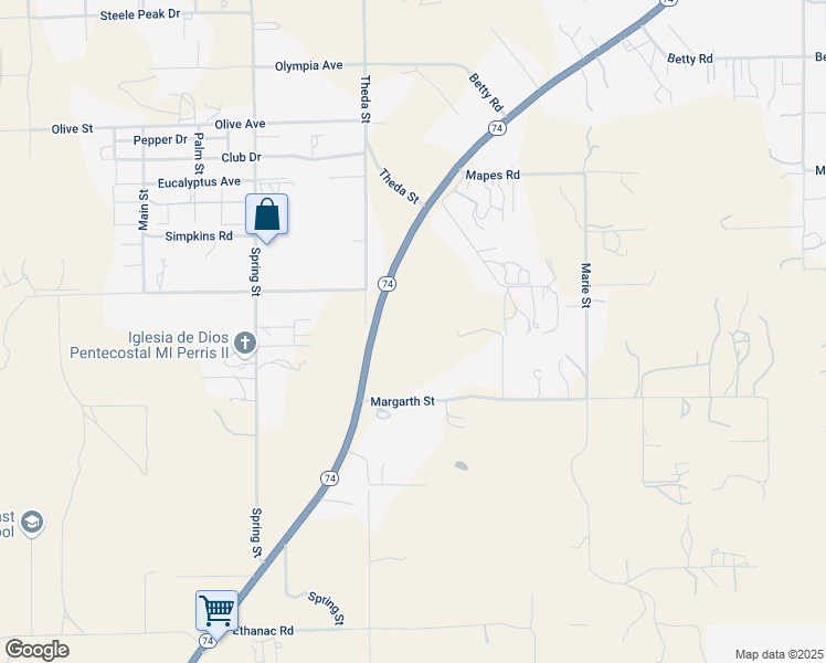 map of restaurants, bars, coffee shops, grocery stores, and more near 25218 California 74 in Perris