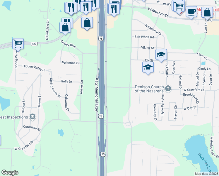 map of restaurants, bars, coffee shops, grocery stores, and more near U.S. 75 in Denison