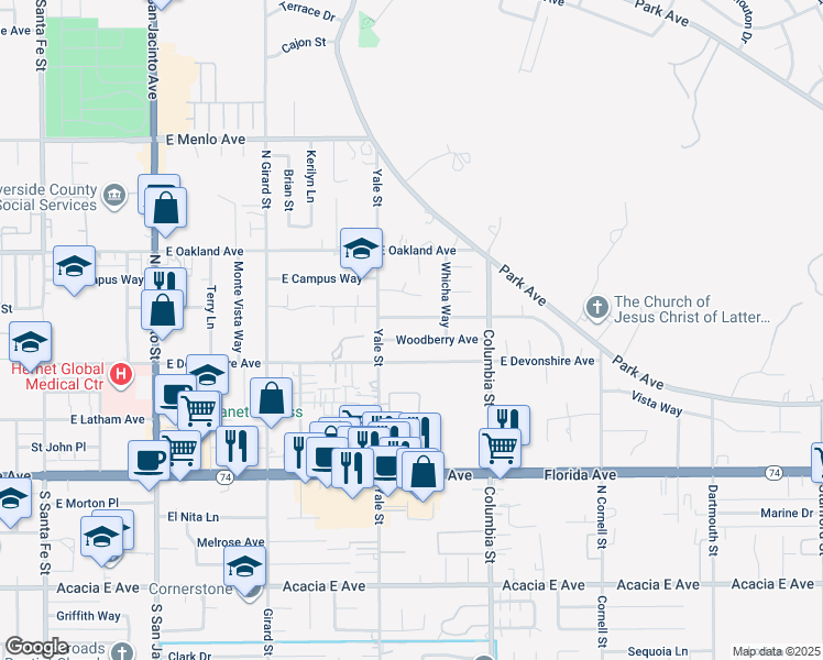 map of restaurants, bars, coffee shops, grocery stores, and more near 2206 Woodberry Avenue in Hemet