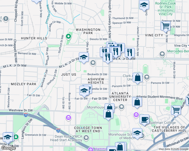 map of restaurants, bars, coffee shops, grocery stores, and more near 66 Whitehouse Drive Southwest in Atlanta