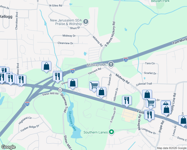 map of restaurants, bars, coffee shops, grocery stores, and more near 3974 Vansant Road in Douglasville