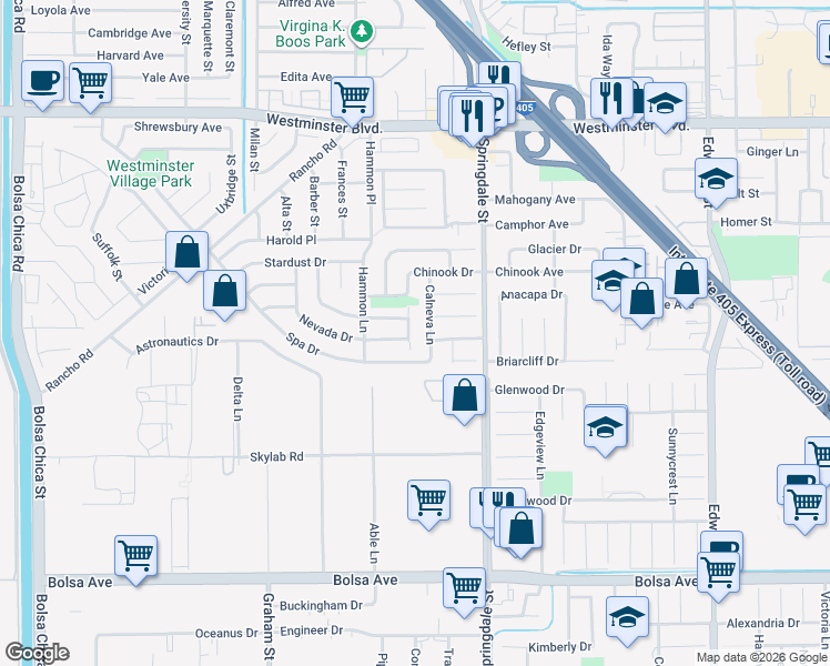 map of restaurants, bars, coffee shops, grocery stores, and more near 14432 Windfall Lane in Huntington Beach