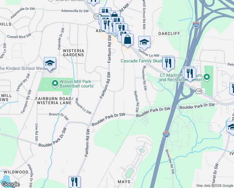 map of restaurants, bars, coffee shops, grocery stores, and more near 220 Howell Drive Southwest in Atlanta