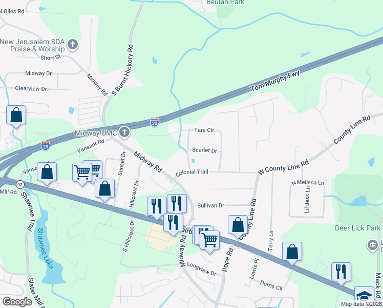map of restaurants, bars, coffee shops, grocery stores, and more near 3729 Scarlet Drive in Douglasville