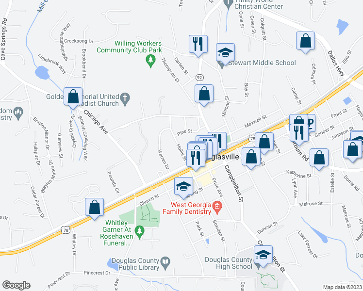 map of restaurants, bars, coffee shops, grocery stores, and more near 8370 Hollis Street in Douglasville