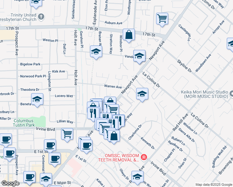 map of restaurants, bars, coffee shops, grocery stores, and more near 18632 Warren Avenue in Tustin