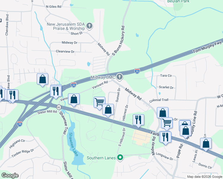 map of restaurants, bars, coffee shops, grocery stores, and more near 3949 Vansant Road in Douglasville