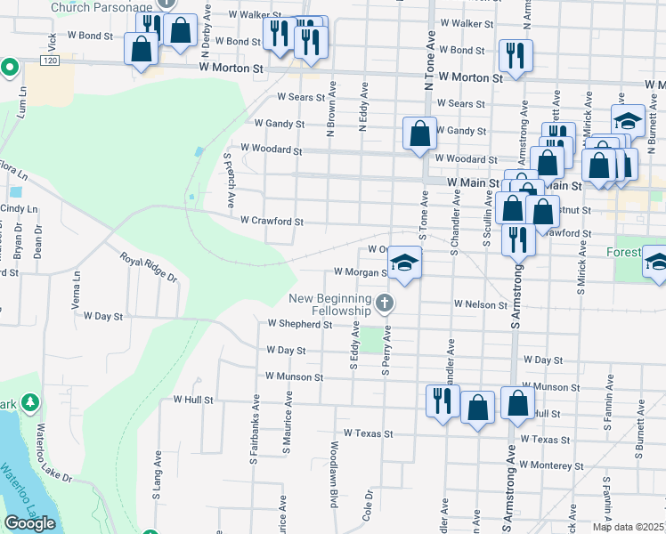map of restaurants, bars, coffee shops, grocery stores, and more near 1327 West Morgan Street in Denison