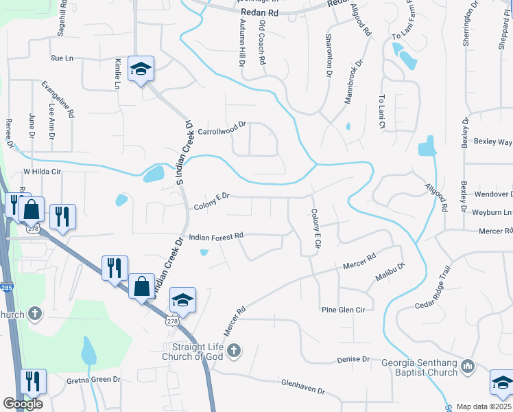 map of restaurants, bars, coffee shops, grocery stores, and more near 1388 Colony Hill Court in Stone Mountain