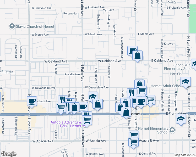map of restaurants, bars, coffee shops, grocery stores, and more near 530 West Devonshire Avenue in Hemet