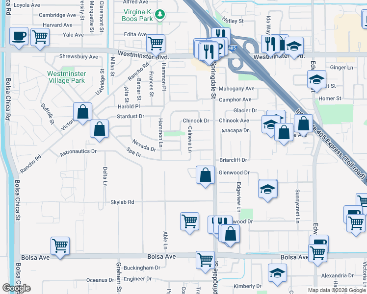 map of restaurants, bars, coffee shops, grocery stores, and more near 14432 Windfall Lane in Huntington Beach