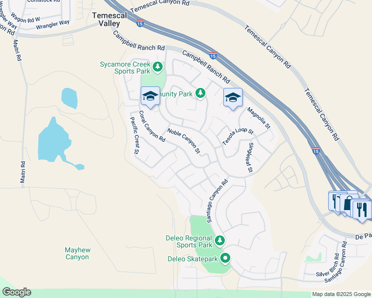 map of restaurants, bars, coffee shops, grocery stores, and more near 25252 Coral Canyon Road in Corona