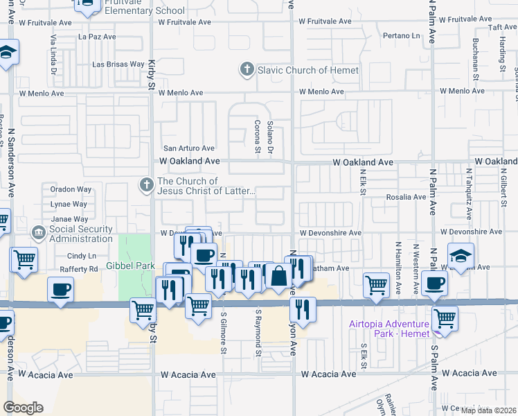map of restaurants, bars, coffee shops, grocery stores, and more near 1956 Arboleda Calle in Hemet