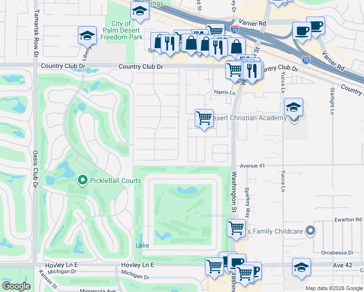 map of restaurants, bars, coffee shops, grocery stores, and more near 40726 Eastwood Lane in Palm Desert