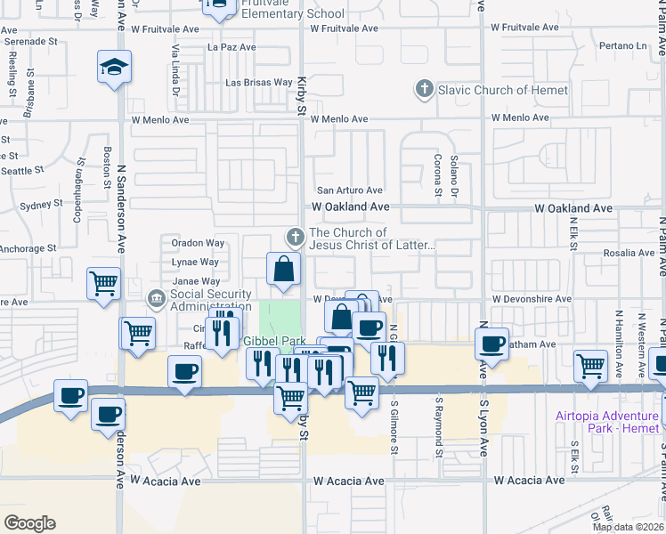 map of restaurants, bars, coffee shops, grocery stores, and more near 2372 Antigua Court in Hemet