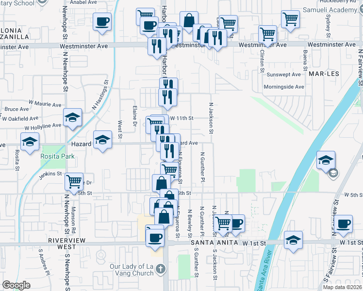 map of restaurants, bars, coffee shops, grocery stores, and more near 817 North Figueroa Street in Santa Ana