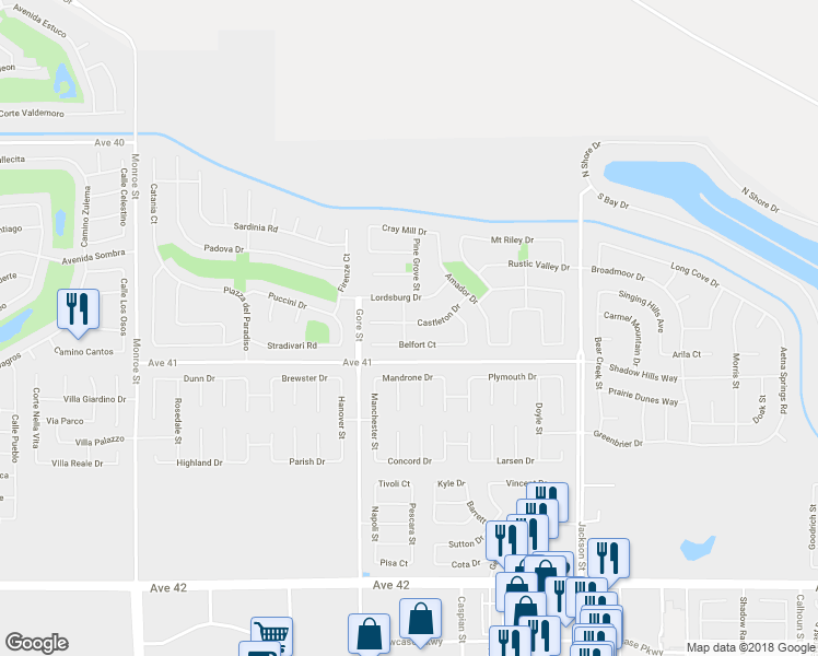 map of restaurants, bars, coffee shops, grocery stores, and more near 82607 Castleton Drive in Indio