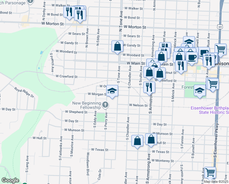 map of restaurants, bars, coffee shops, grocery stores, and more near 1120 West Owings Street in Denison